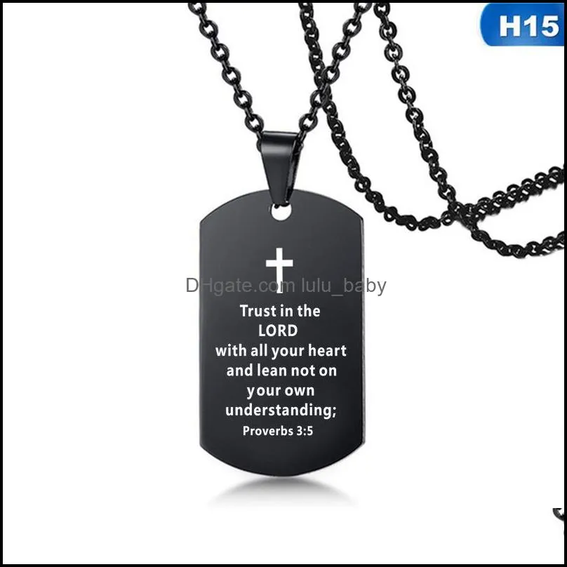 Bible Verse Necklace Cross Pendant Stainless Steel Mens Necklaces Dog Tag Religious Jewelry Black For Christian Prayer Gift