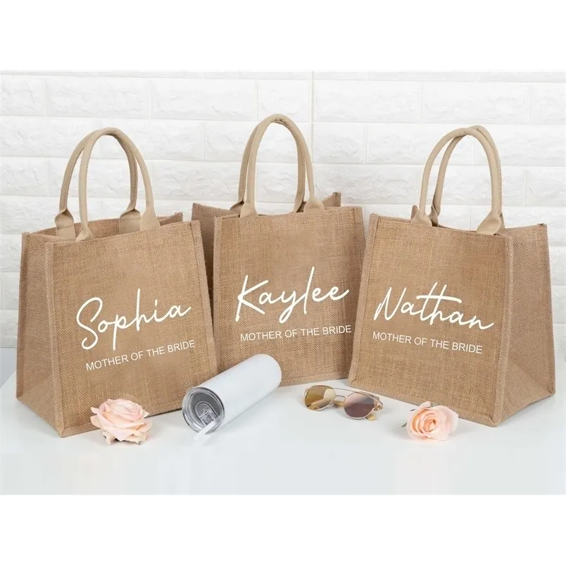 Sackleinen Totes personalisierte Brautjungferngeschenkgeschenk benutzerdefinierte Bachelorette Party Strand Jute Bag Mutter der Braut Hochzeit Gefallen 220707