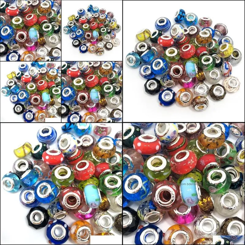 Brand New Mix Styles Glass 925 stering cord big hole loose beads fit European pandora jewelry Diy bracelet charms 50pcs per lot