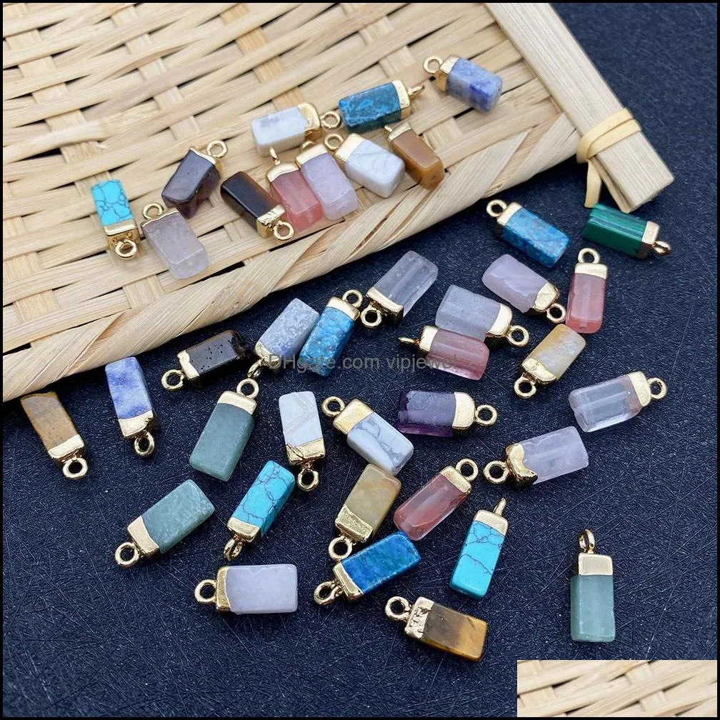 6x15mm natural crystal stone charms rectangle turquoise rose quartz pendants gold edge trendy for necklace earrings jewelry vipjewel