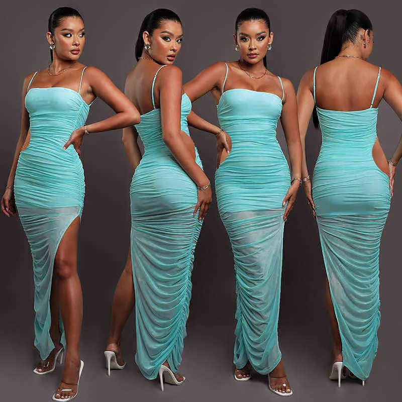 Spaghetti strap mesh deals ruched bodycon dress