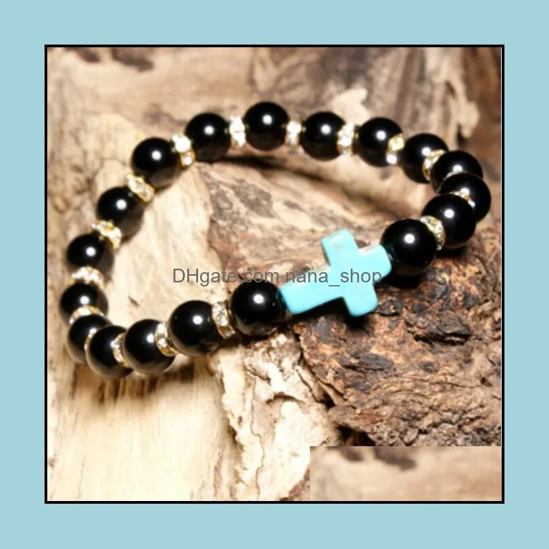 Fashion 8MM Lava Stone Turquoise Beads Cross Bracelet Diy Aromatherapy  Oil Diffuser Bracelet For women men jewelry