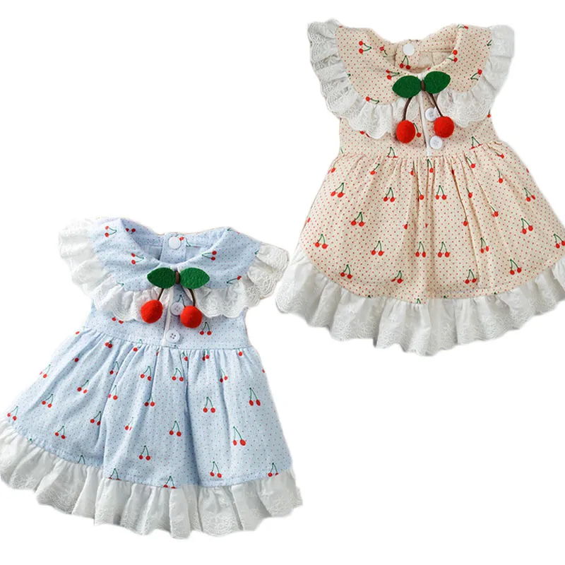 Sweet Lace Collar Dress For Dogs Cherry Decor Blue Tutu Skirt For Small Dog Girl Princess Summer Shirts Pet Apparel Sundress XS-XL