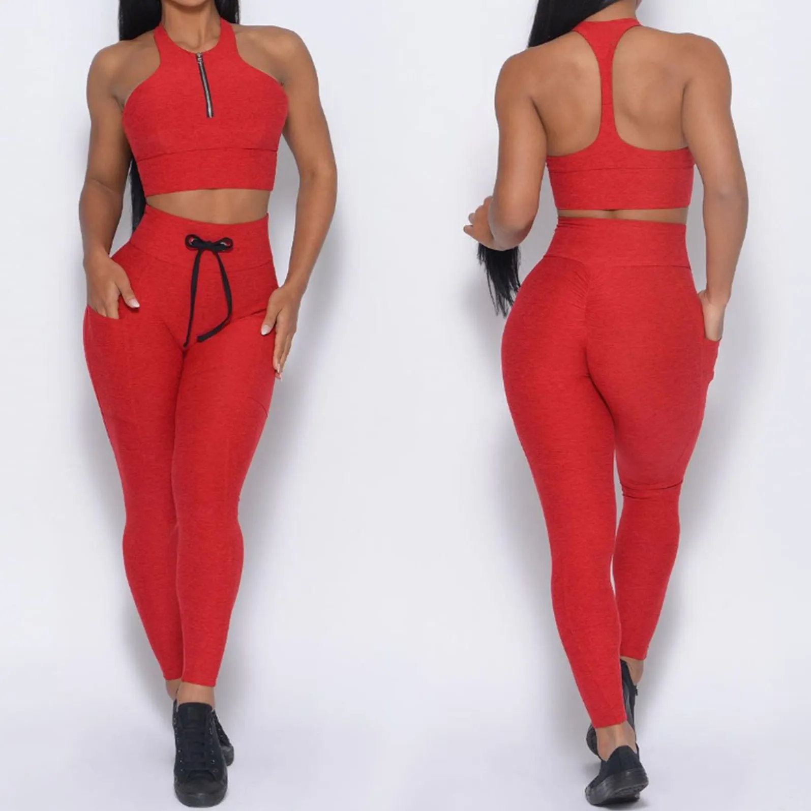 Femmes yoga out fit taille haute fil de course fort stretch solide couleurs noir et rouge gilet de fitness soutien-gorge et pantalon de poche costumes sans couture leggings de levage des hanches survêtements