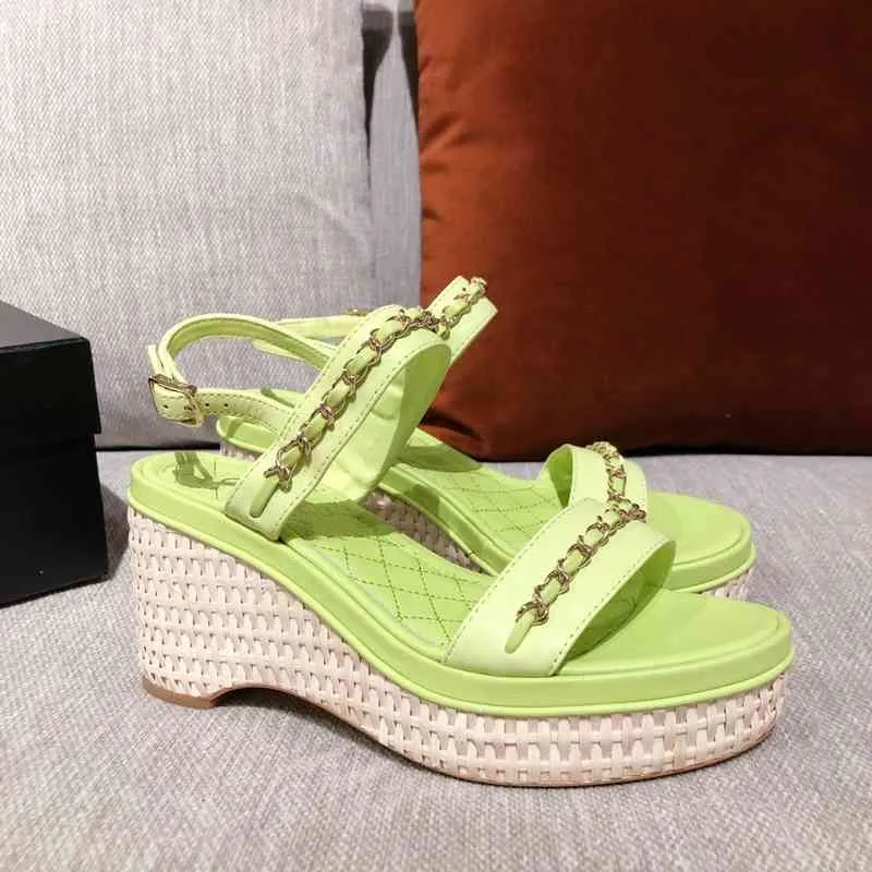 candy color Sandals small fragrance summer linggepo heel sandals women`s grass woven thick soled raised muffin shoes chain YW5B WSXN