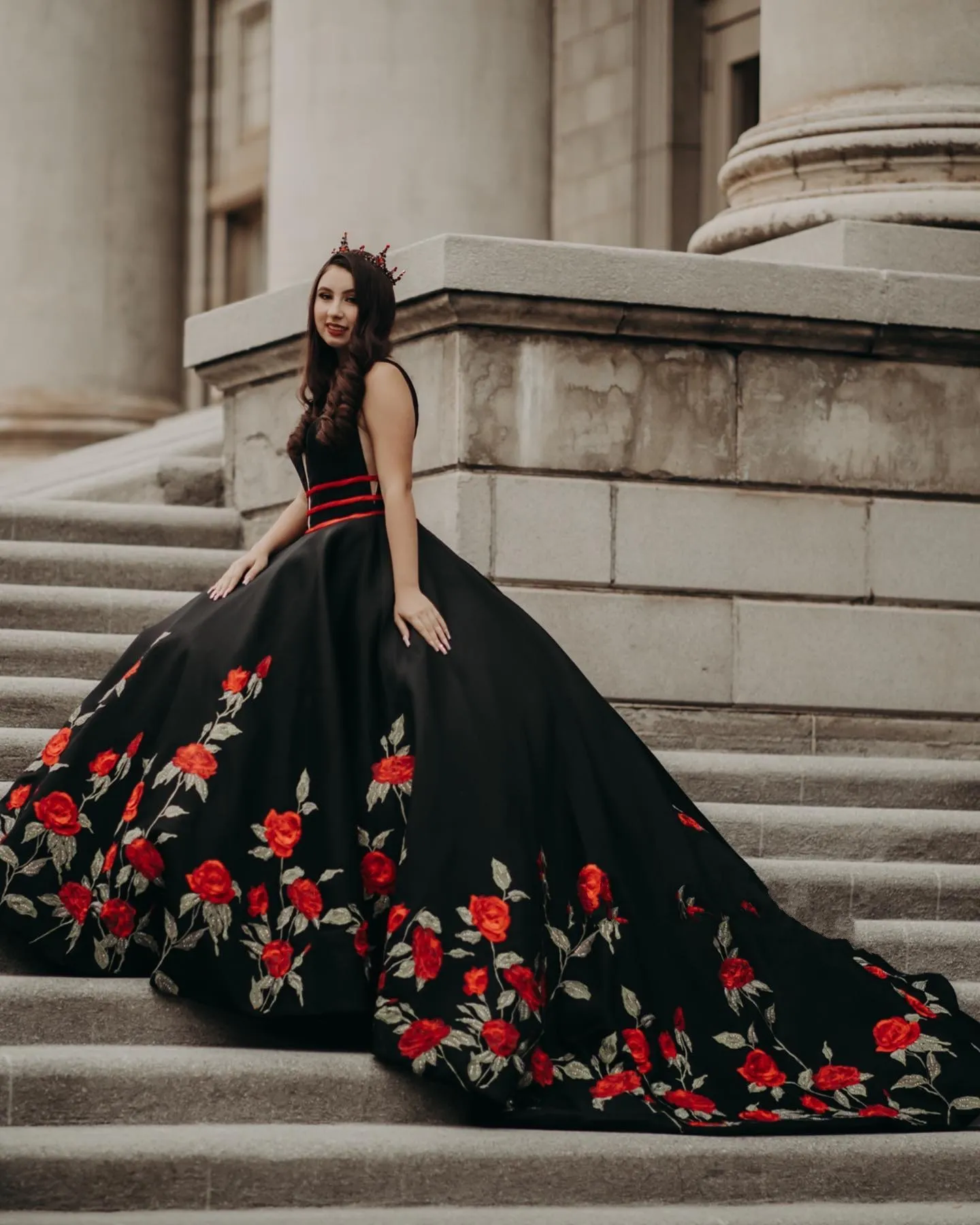 black dress with red roses