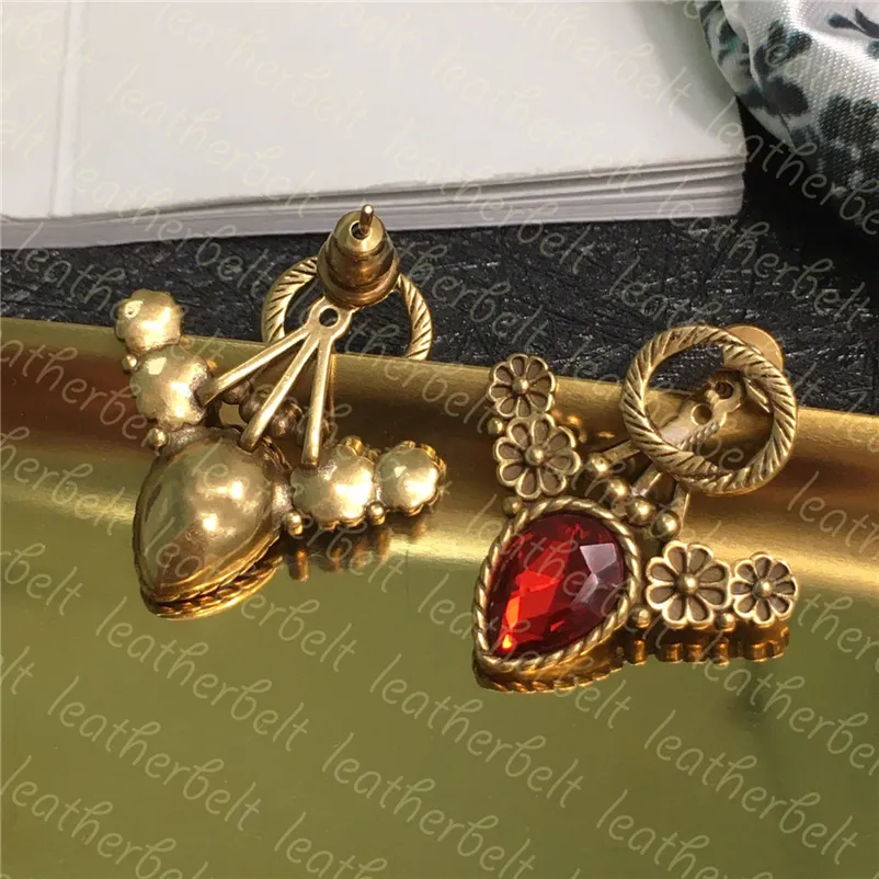 Retro Letter Ear Stud Chic Red Zircon örhängen Guldpläterade blommor Studs Luxury Diamond Earring Jewelry Gift With Box