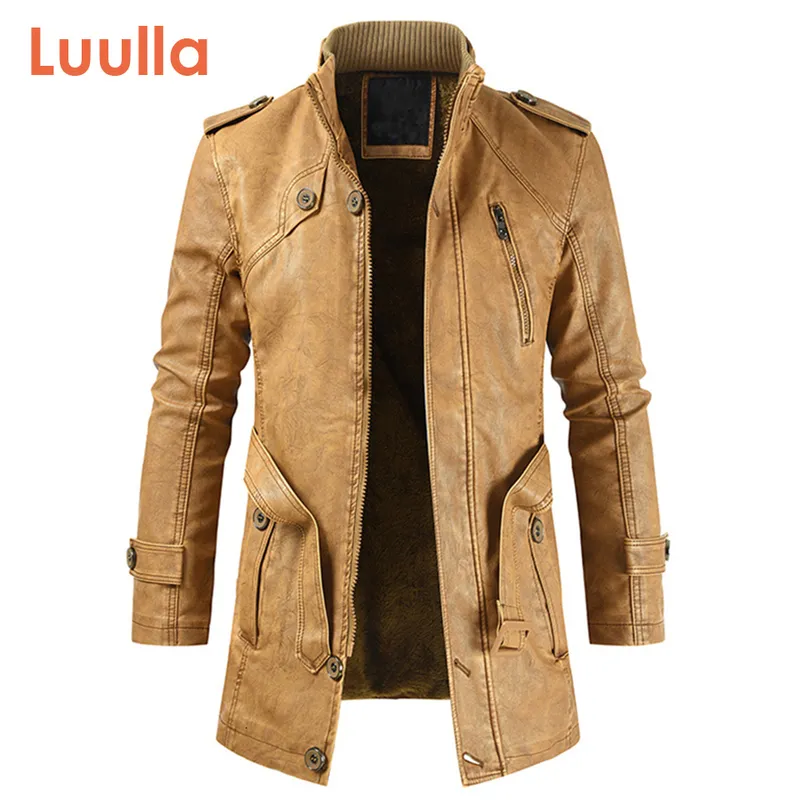 Luulla Men Spring Long Thick Fleece Leather Jacket Trench Outwear Fashion Warm Casual Vintage Faux 201114