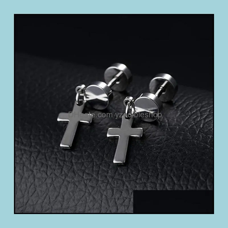 Titanium steel Dumbbell cross design Stud Earrings For Men Women Punk Crucifix Double sided Screw-back Hypoallergenic Dangle Earring