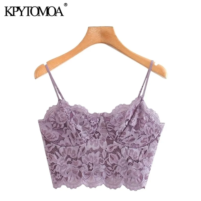 KPYTOMOA Women Sexy Fashion With Lace Cropped Tank Top Vintage Backless Adjustable Thin Strap Female Camis Chic Tops 210326