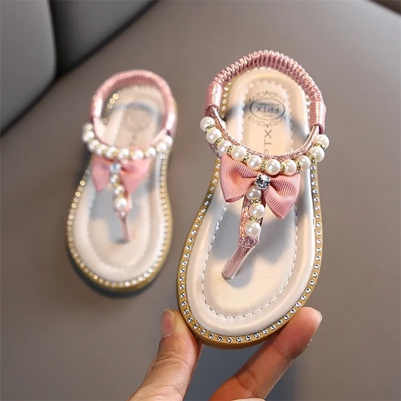 Zomer Casual Kinderen Parel Sandalen Kids Meisjes Kralen Boog Prinses Flats Student Antislip Baby Slippers Strand Schoenen 220607