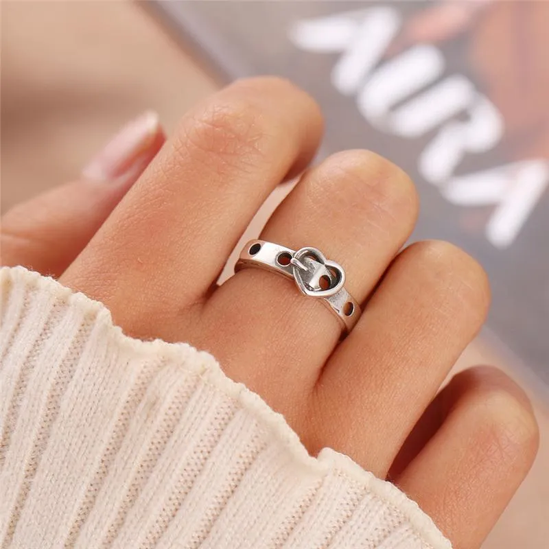 Cluster Rings Punk Irregular Belt For Women Men Antique Silver Color Open Ring Femme Vintage Unique Heart Finger Party JewelryCluster