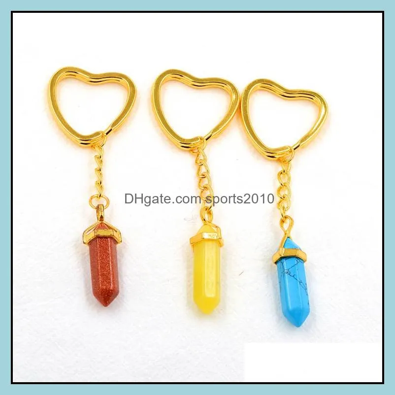 gold hexagon prism reiki healing natural stone keychains chakra amethyst pink rose crystal heart key rings keyrings women m sports2010