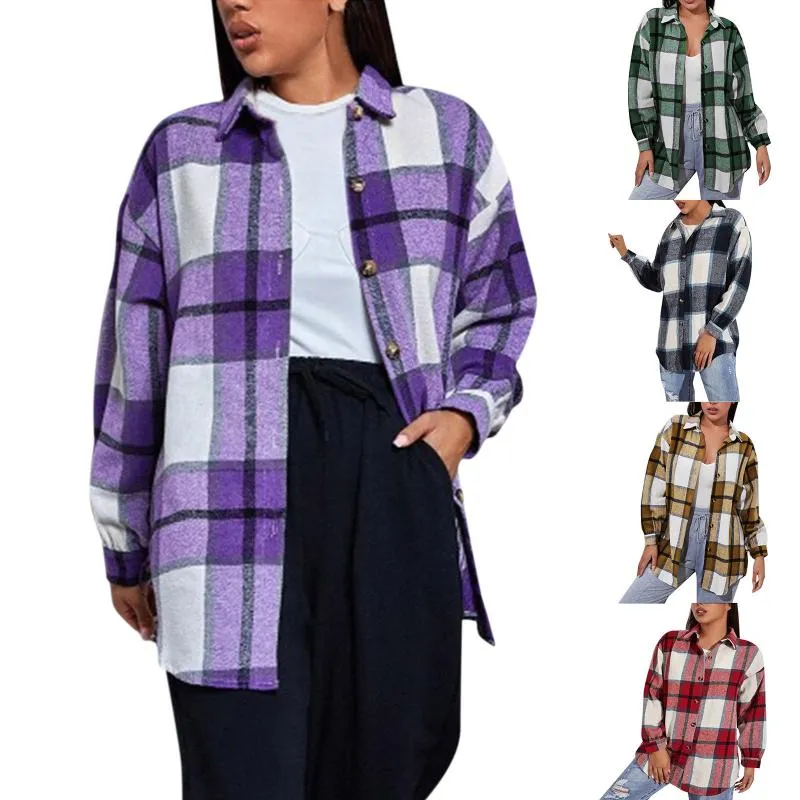 Women's Jackets Autumn And Winter Women Jacket Turn Down Overcoat Vintage Plaid Print Long Coat Oversize Female Shirt Tunic Tops CamisasWome