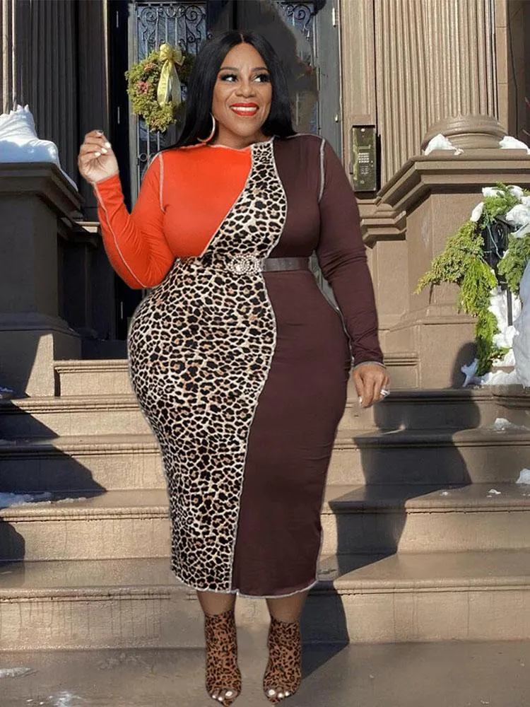 Plus Size Leopard Dress Long Sleeve Bodycon with Belt, Shop Now for  Wholesale Bulk Options - Main Image