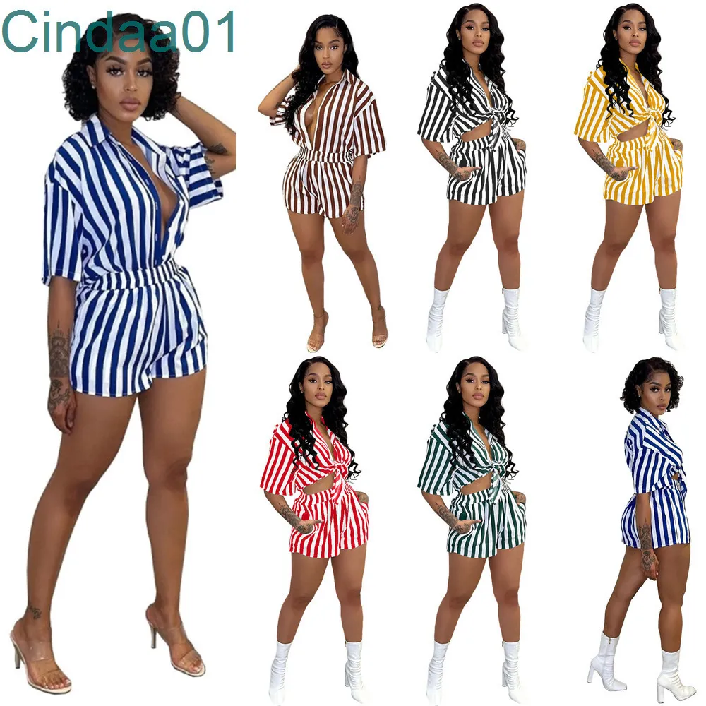 Sexy Femmes Stripe Survêtements Designer Bouton Chemise Et Shorts Costume Deux Pièces Ensemble Nouveaux Vêtements De Créateur D'été