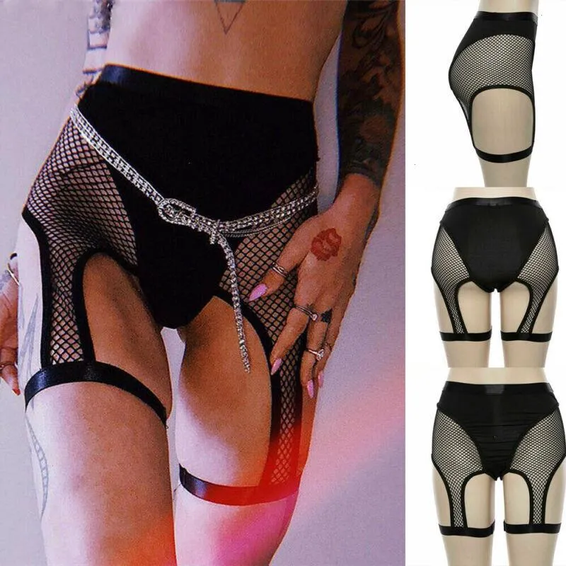 Sexy Womens Fish Net Shorts Mesh Black Hoge taille Hollow Out Skinny See Through Garter Belt Holder Short Dance