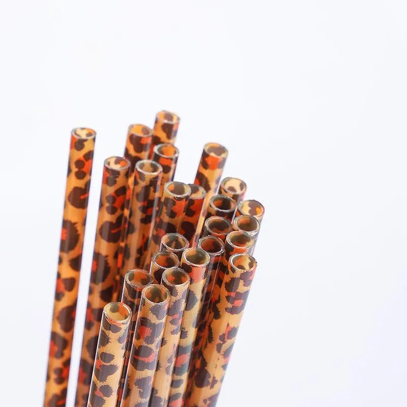 9*2.75inch Plastic Brown Leopard Drinking Straws Fashion Printing Straight Straw Reusable Restaurant And Bar Supplies