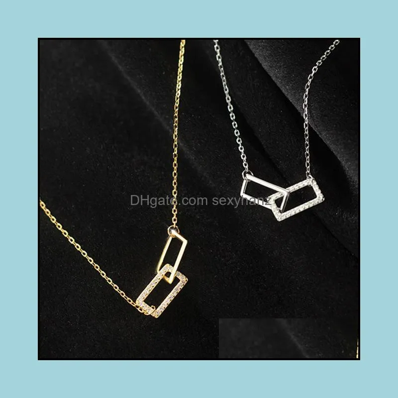 Simple Dainty Women Pendant Necklace Hollow 2 Square Charm Clavicle Choker Gold Color Copper Chain Wedding Jewelry