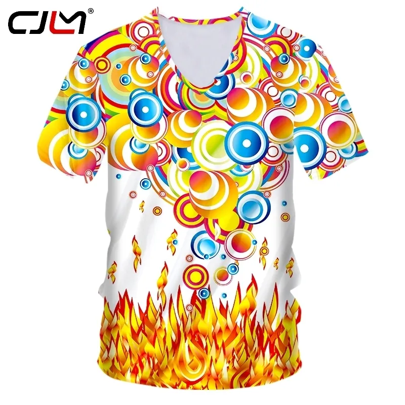 Man färgglada v hals thirt 3d tryckt personlighet tee shirt flamma annulus mens spandex tshirt grossist 220623