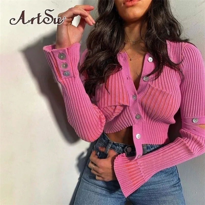 Artsu Sweet Pink Kinited Croped Top Women Y2K Ruched Crop Long Sleeve Camisole Winter Party Club Vintage 220408