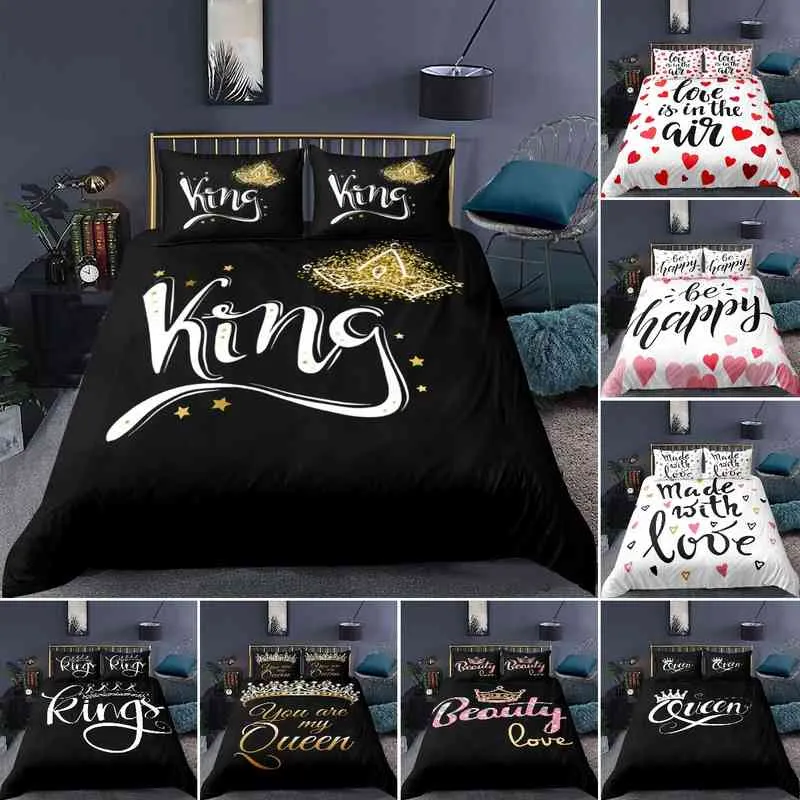 Couple Heart Duvet Cover Black White Crown Love Comforter Queen And