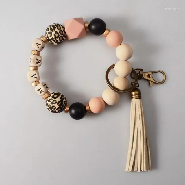 Bracelets de charme Rainbery leopardo imprimir silicone bead chaveiro de moda pingente tassel mama letras bracelete chaves jb0800charm lars22