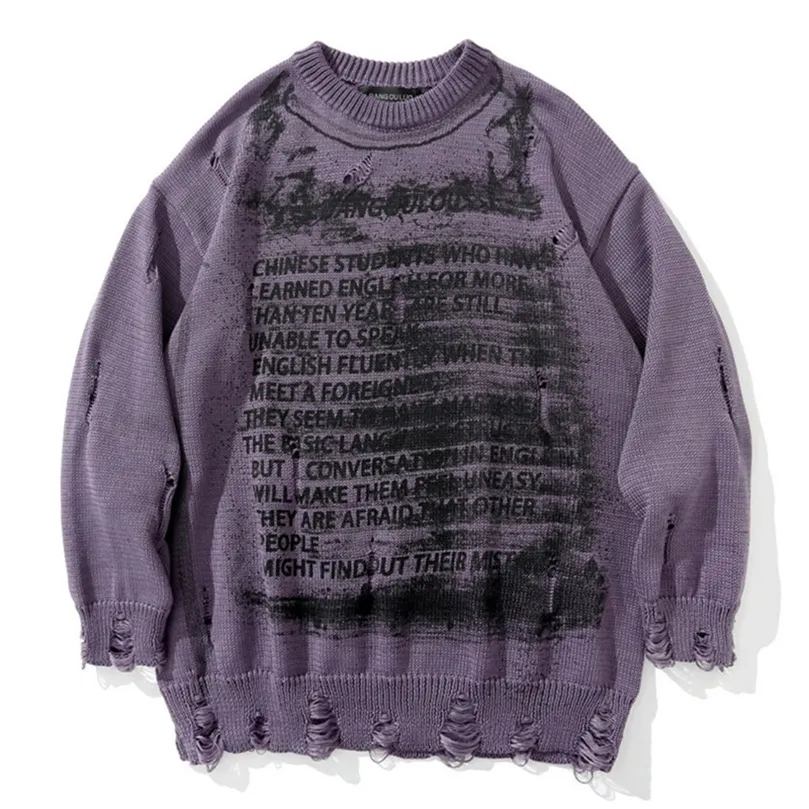 Hiphop streetwear tröja män skada hål vintage tvättad överdimensionerad stickad pullover jumper mode punk gothic harajuku tröja 220817