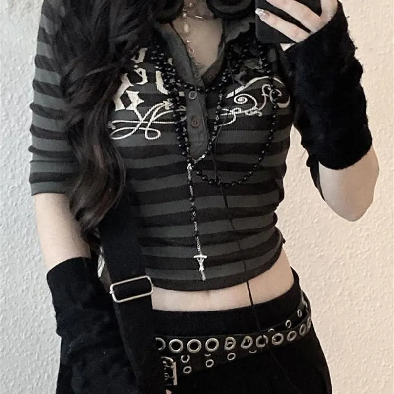 Goth Print Tops Stripe Cute Y2K TShirts Dark Academia Techwear Button Up V Neck Half Sleeve Sweat Shirts Fairy Grunge Tees EMO 220810
