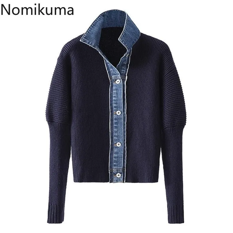 Nomikuma Cardigan tröja kvinnor Autumn Winter Knitwear Korean Demin Patchwork Sticke Coat Turn-Down Collar Jacket 6D340 201224