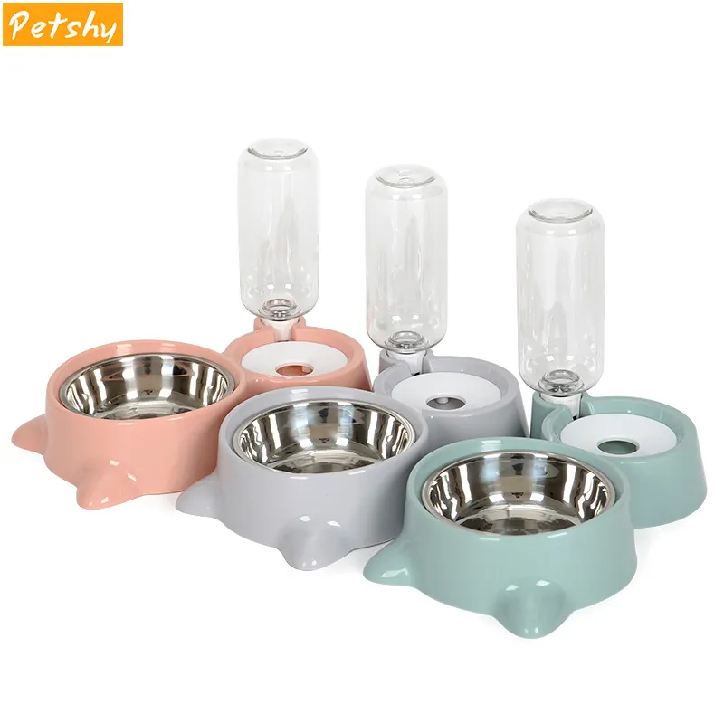 Petshy Dog Cat Food Bowl med vattenflaskvalp Kitten Automatisk dispensermatare Pet Dubbel inte våt mun Y200917