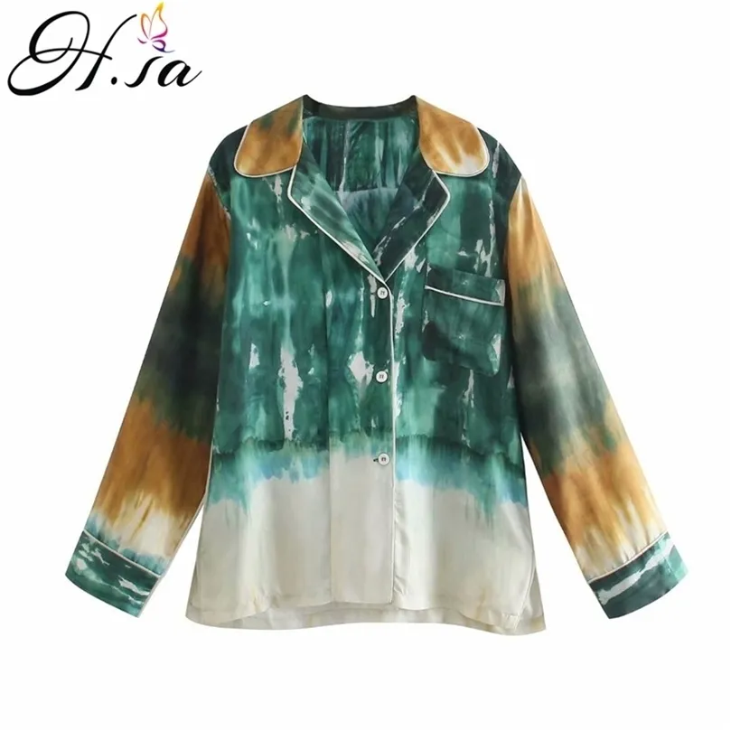 Hsa Zevity Women Vintage Tie Dye Print Casual Loose Blouse Office Ladies Long Sleeve Breasted Shirt Chic Oversize Blusas Tops 210716