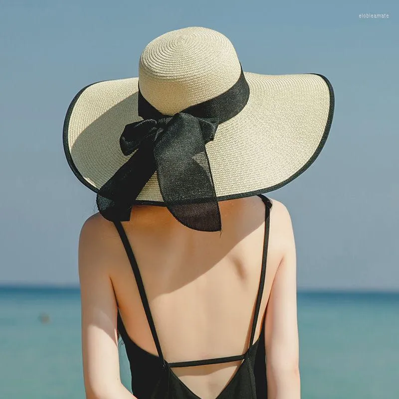 Wide Brim Hats 2022 Summer 15CM Straw Sun For Women UV Protection Panama Floppy Beach Ladies Bow Hat Chapeau Femme Elob22