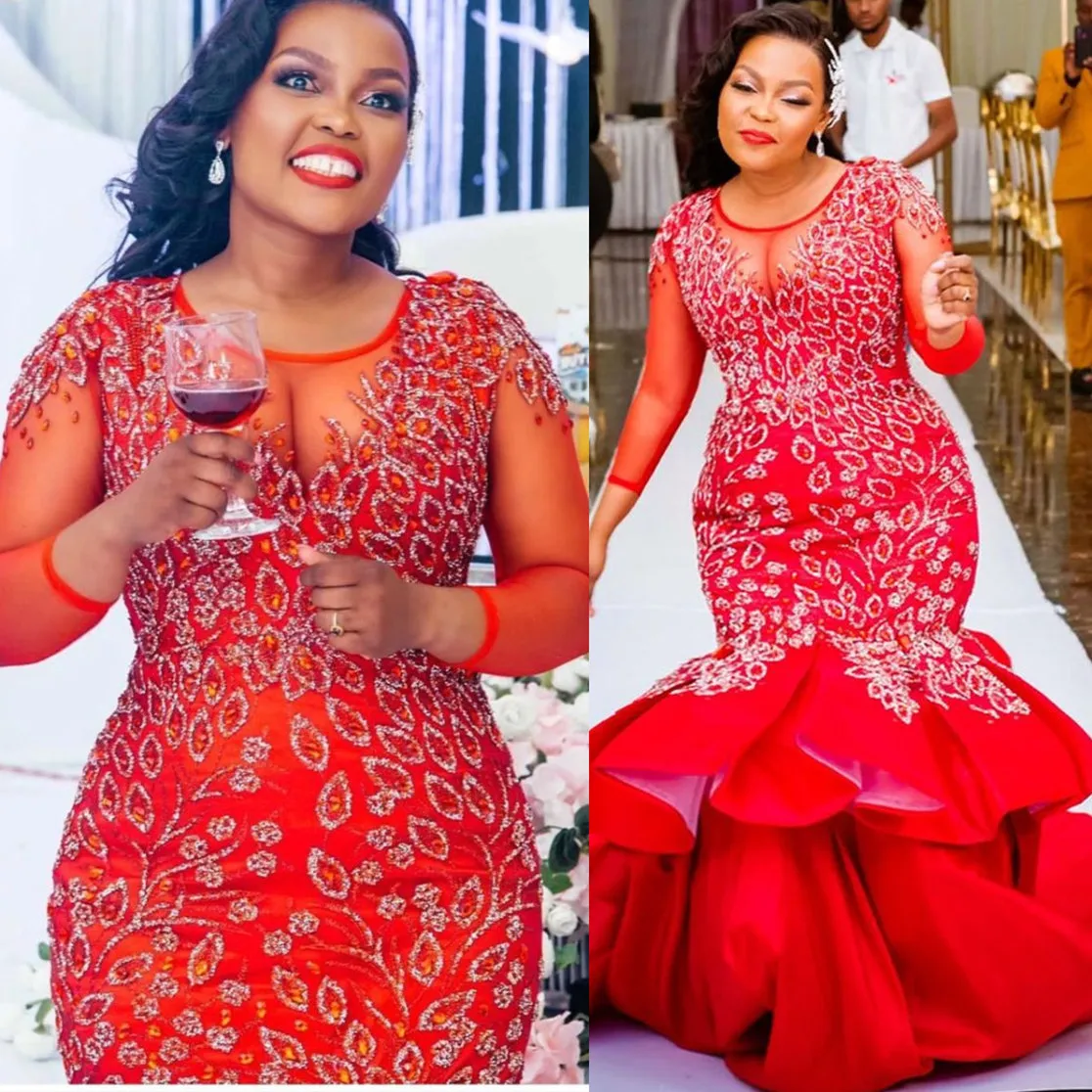 2022 Plus Size Arabic Aso Ebi Red Luxurious Mermaid Prom Dresses Sheer Neck Evening Formal Party Second Reception Birthday Engagement Gowns Dress ZJ670