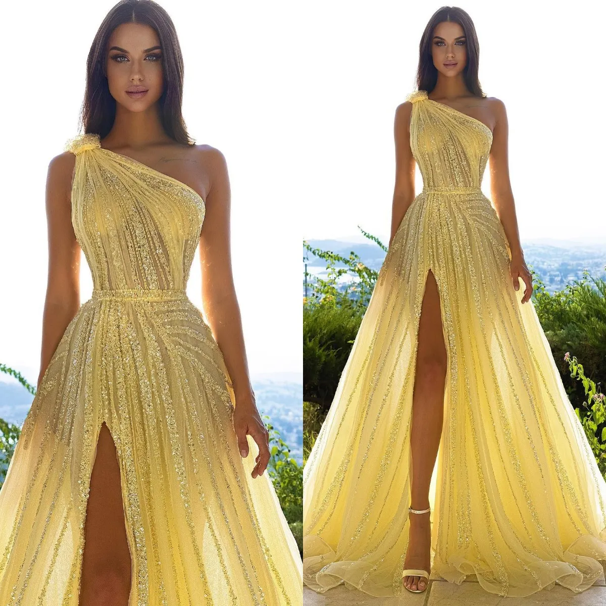 One Shoulder Yellow Prom Dresses 2022 Sequined Beaded Sexy High Side Split Formal Evening Endast klänningar för arabiska kvinnor Vestdidos de Novia