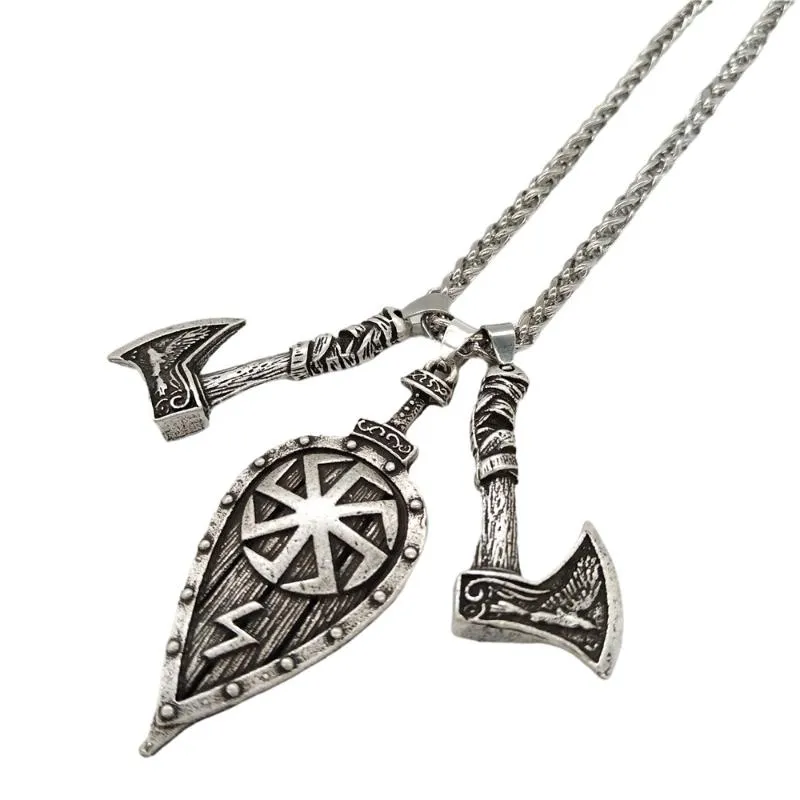 Pendentif Colliers Nostalgie Slave Kolovrat Amulette Symbole Bouclier Épée Et Odin Corbeau Hache Viking Pendentifs Hommes Femmes Païen TalismanPendentif