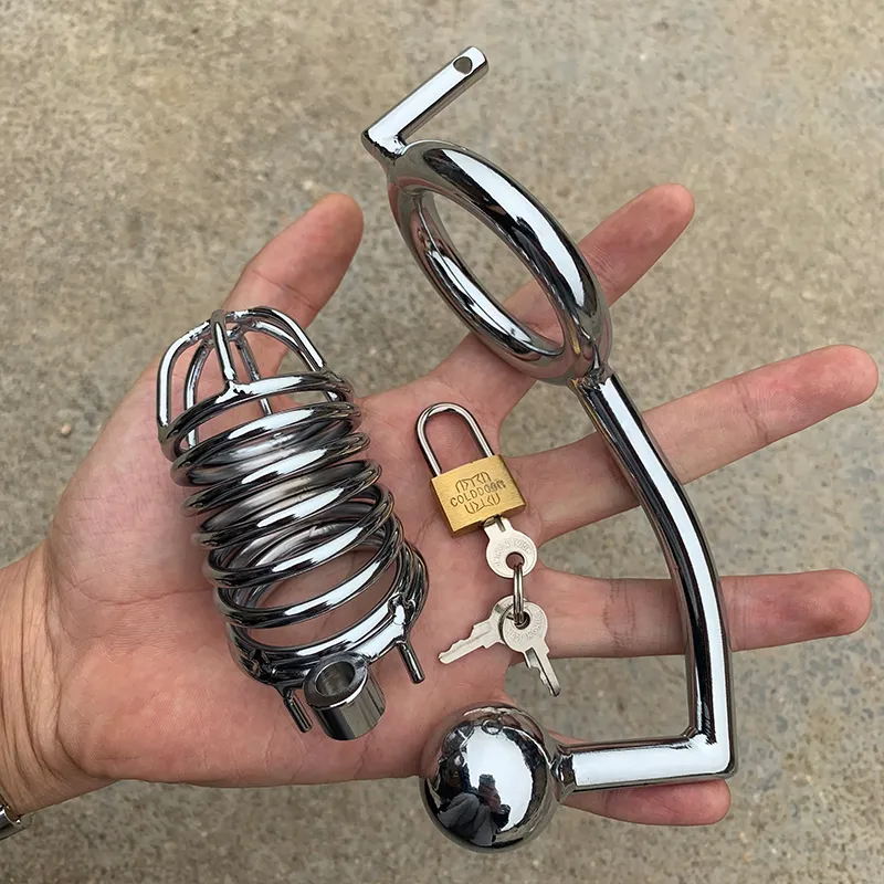 Articoli di bellezza Prodotti sexy maschili Cintura di castità in acciaio inossidabile Gabbia per cazzi con Butt Plug BDSM Bondage Anello per pene regolabile Gabbia per pene in metallo