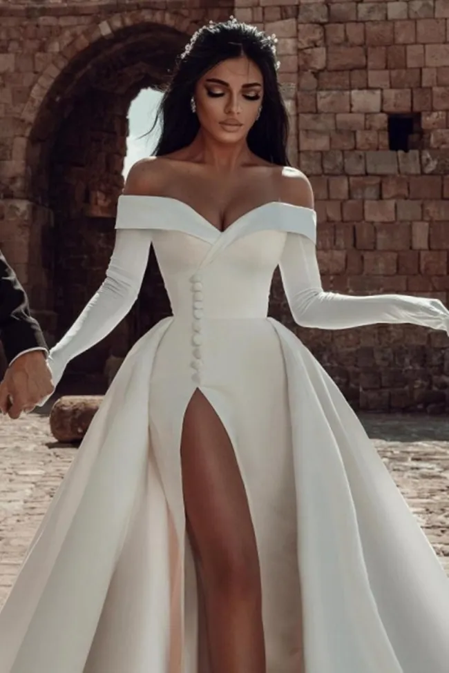 Arabic Dubai Satin line a wedding dress with Off-Shoulder Short Sleeves, Simples Garden Bridal Gown, High Split, and Long Train - Robe de Mariee Arabic Dubai Satin line a wedding dress with Off-Shoulder Short Sleeves, Simples Garden Bridal Gown, High Split, and Long Train - Robe de Mariee