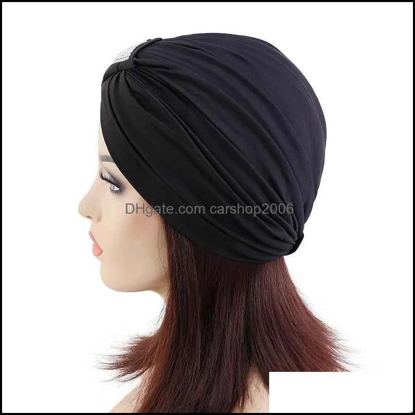 elegant women`s hot drilling cross turban hats muslim stretch plain beanies knotted inner cap africa female headwear bonnet