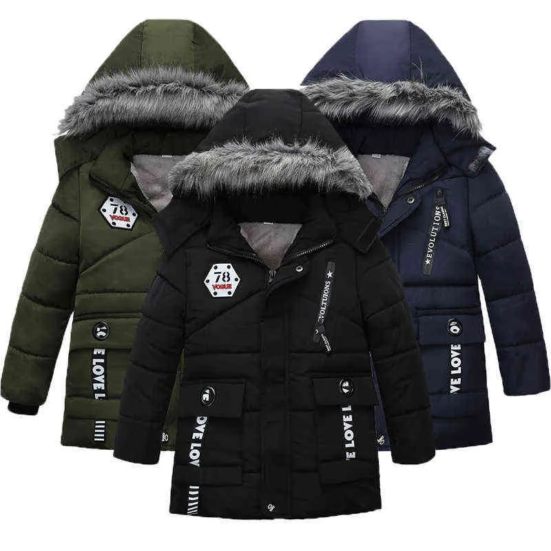 2022 Ny vinter Keep Warm Boys Jacket Lång stil päls krage fleece tjock huva ytterkläder jacka för barn barn vindbrytare j220718