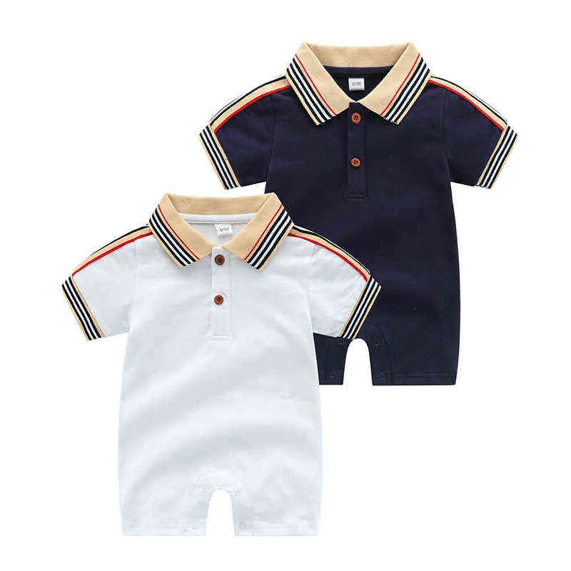 Yeni doğan bebek romper tasarımcı kıyafetleri yaz yürümeye başlayan çocuk kız çocuk kısa kollu bebek polo gömlek pamuk tulum şeritli bebek atlayıcıları g220609