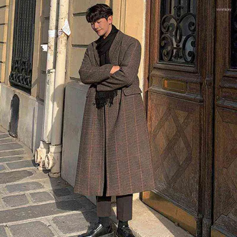 Misto lana da uomo SYUHGFA Cappotto in panno di lana scozzese vintage Autunno Inverno 2022 Manica lunga Doppiopetto addensato con risvolto allentato Cappotto Vio T220810