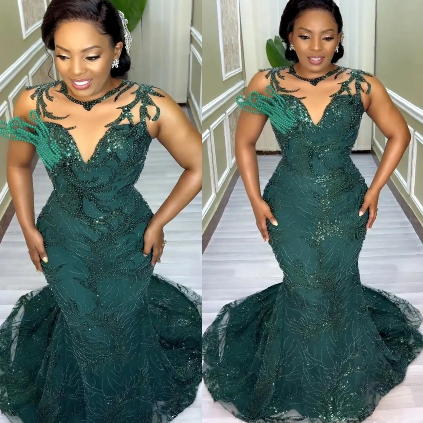 2022 Plus Size Arabic Aso Ebi Dark Green Luxurious Prom Dresses Mermaid Sheer Neck Evening Formal Party Second Reception Birthday Engagement Gowns Dress ZJ222