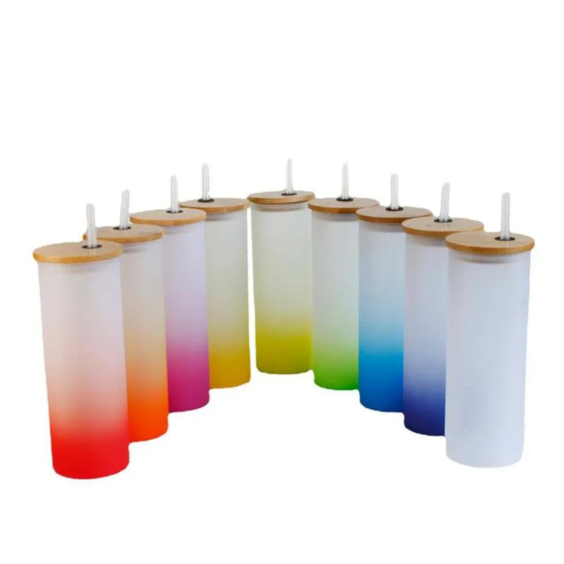 17oz Sublimation Glass skinny tumbler blank Frosted Glasses Water Bottle gradient colors printing tumblers with bamboo lid & straw