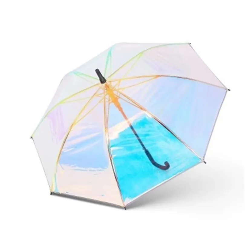 Plastic PVC holografische paraplu mode regen zonneschad lang handgreep transparante paraplu 210401