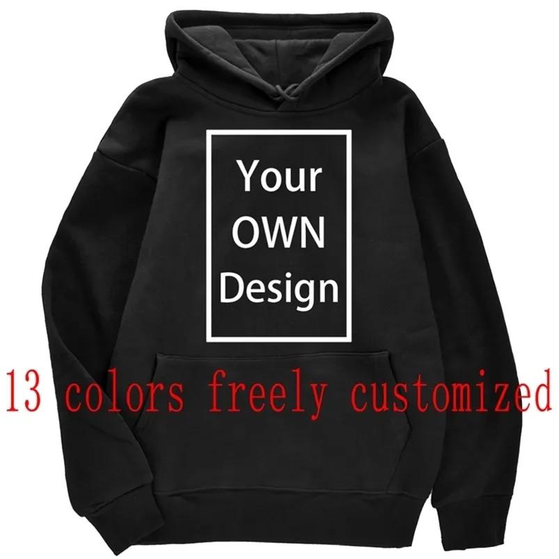 Ditt eget designmärke /bild anpassade män kvinnor diy hoodies tröja casual hoody kläder 14 färg lösa mode 220726