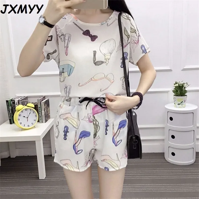 A variety of patterns short-sleeved shirt elastic waist thinner two-piece fashionable chiffon small shirt shorts suit women 210412
