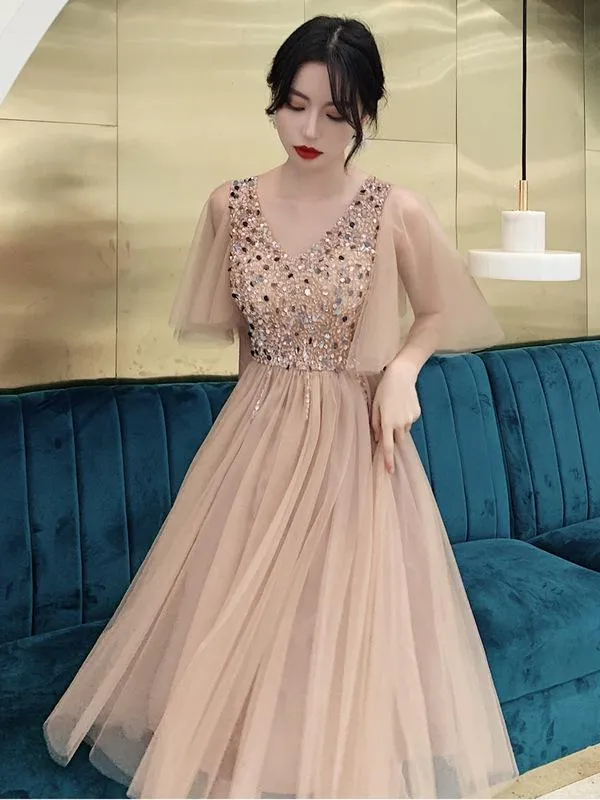 2022 Crystal Beaded Nude Tulle Korean Cocktail Dress With Natural Waist