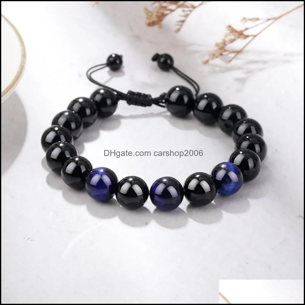 new arrival tiger eye beaded link bracelet for men women adjustable size 10mm lava stone black beads braided bracelets jewelry gift