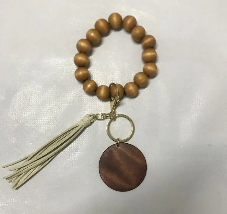 Wooden Bracelet Keychain with Tassels Key DIY Wood Fiber Pandent Bead Bangle Keyrings Fashion Accessories